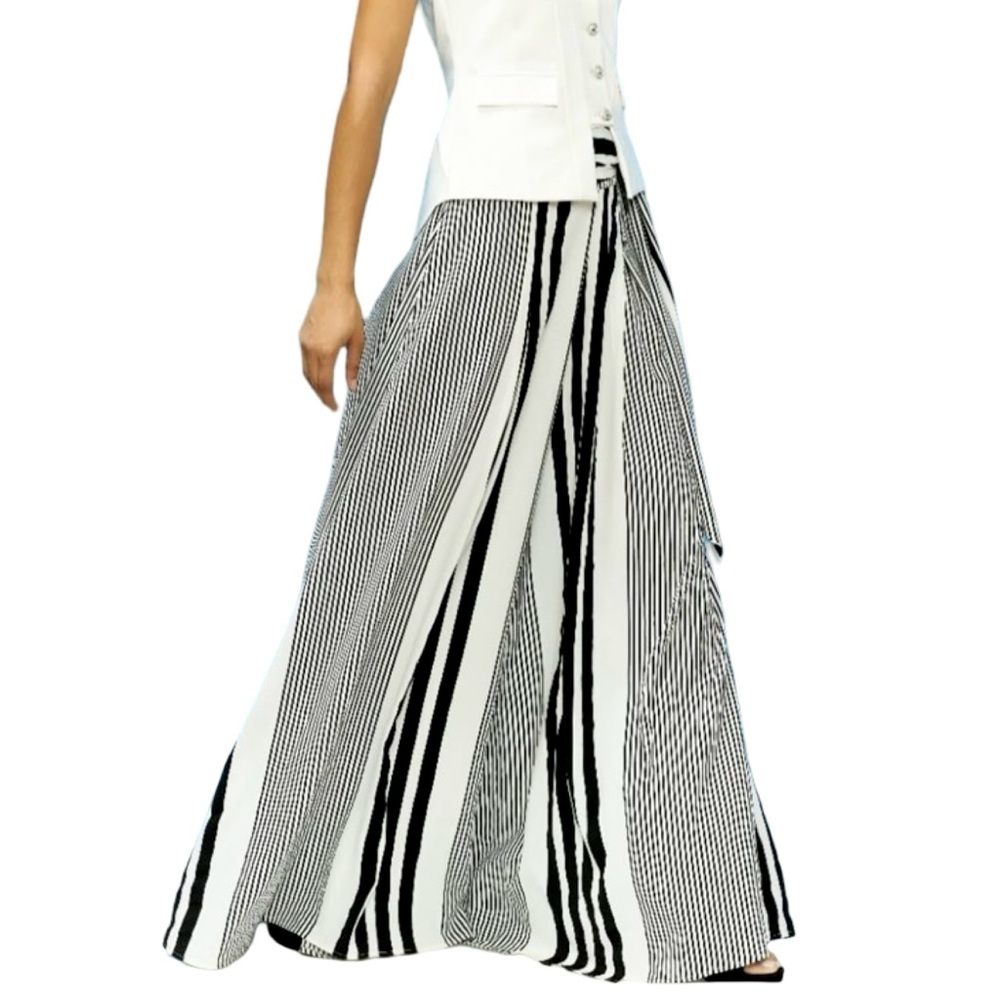 NWT!! Gracia Wide Leg Palazzo High Waist Pants Tie Belt - Black and White - Sz L